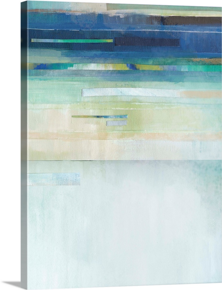Abstract painting in blue, green, brown, and nude hues with layered lines at the top.
