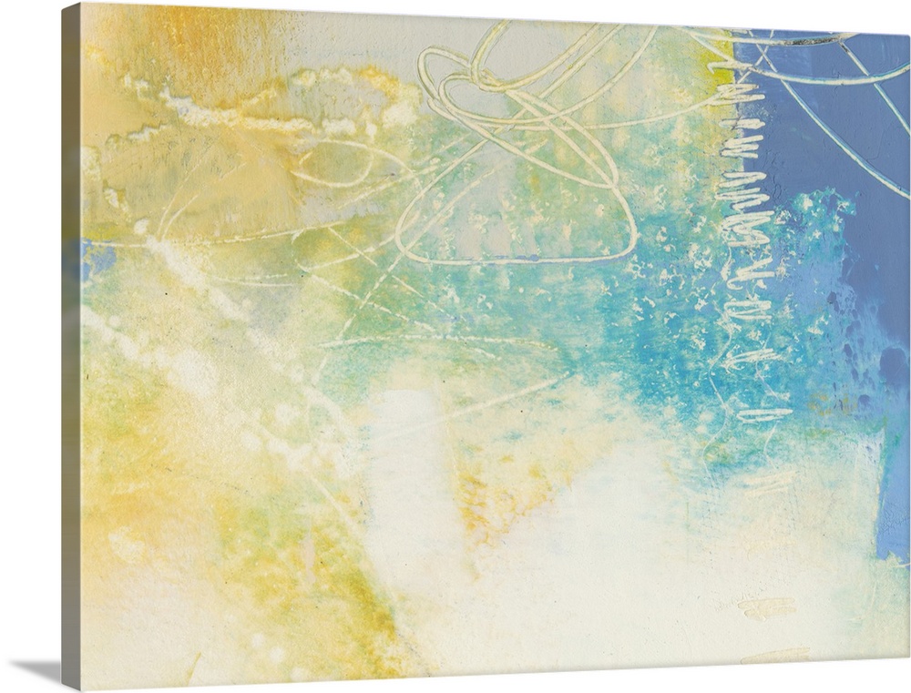 Abstract contemporary artwork in cheerful shades of yellow and blue.