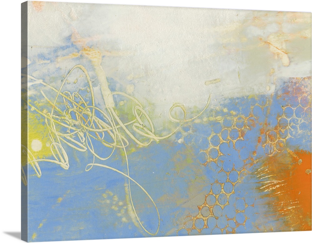 Abstract contemporary artwork in cheerful shades of yellow and blue.