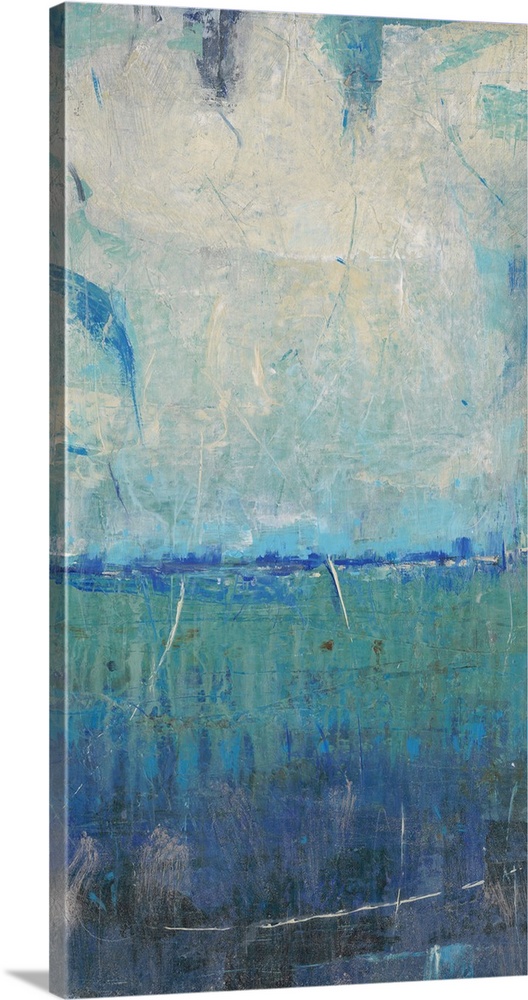 Contemporary abstract artwork resembling a coastal landscape.