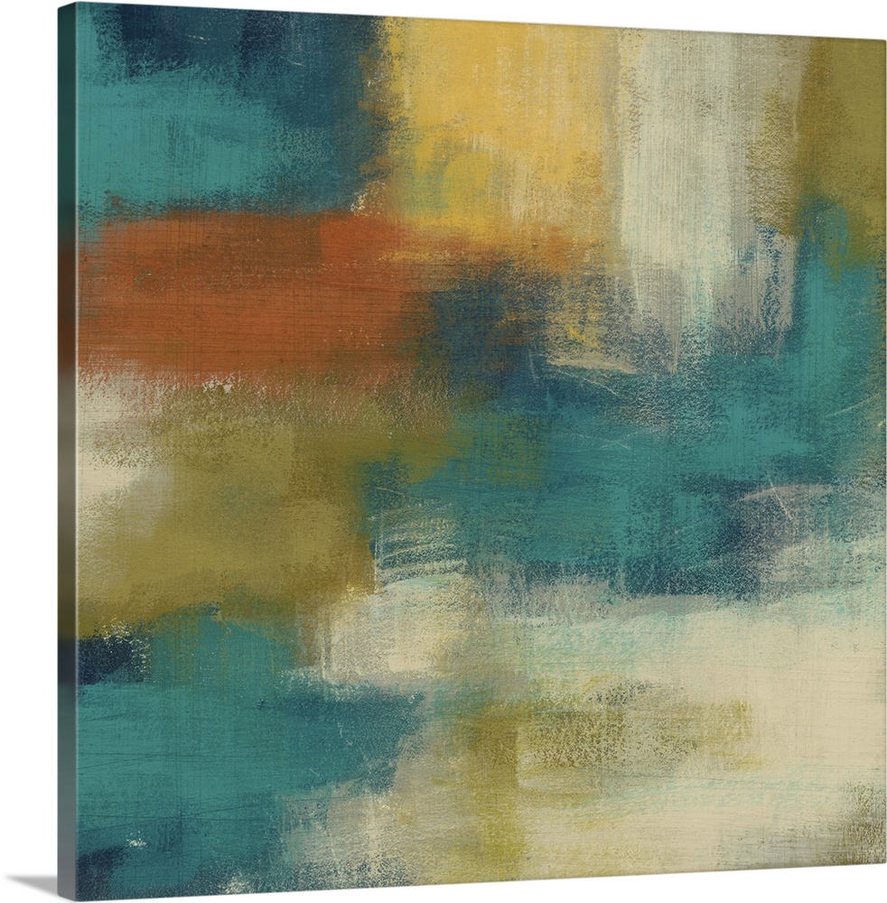 Contemporary abstract painting of large areas of intense color contrasted with pale tones.