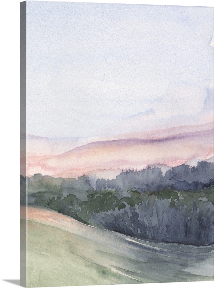 Vertical watercolor landscape of rolling hills of pink, green and blue, lined by trees with a blue sky.