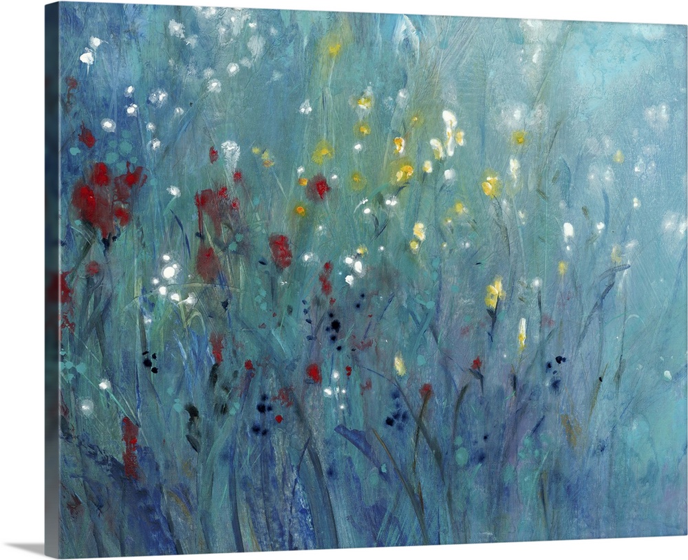 Contemporary painting of small, brightly colored wildflowers contrasted against dark grass.