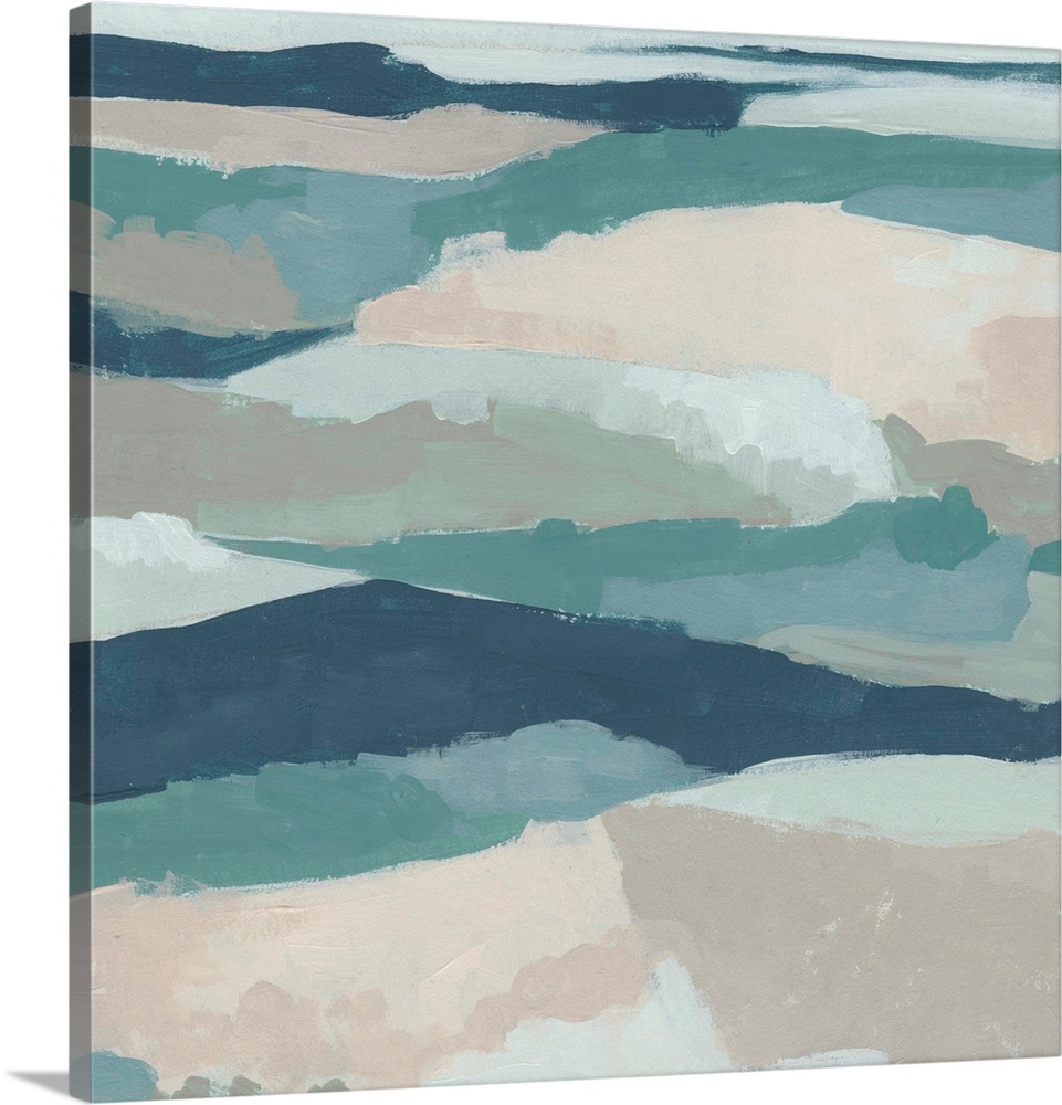 Contemporary abstract of a hilly landscape painting in navy, teal, and pink.