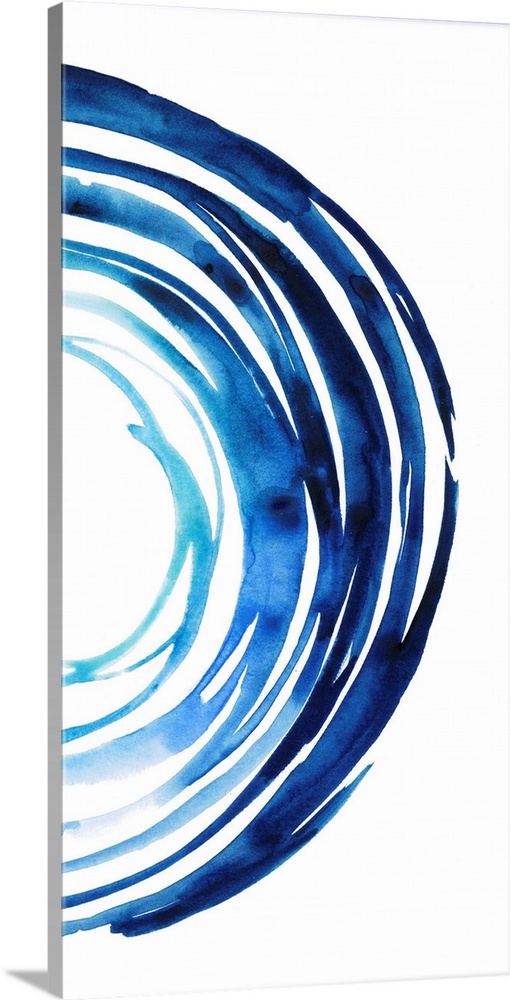 This contemporary artwork is part one of two that contains a half circle made up of blue gestural lines. When placed side ...