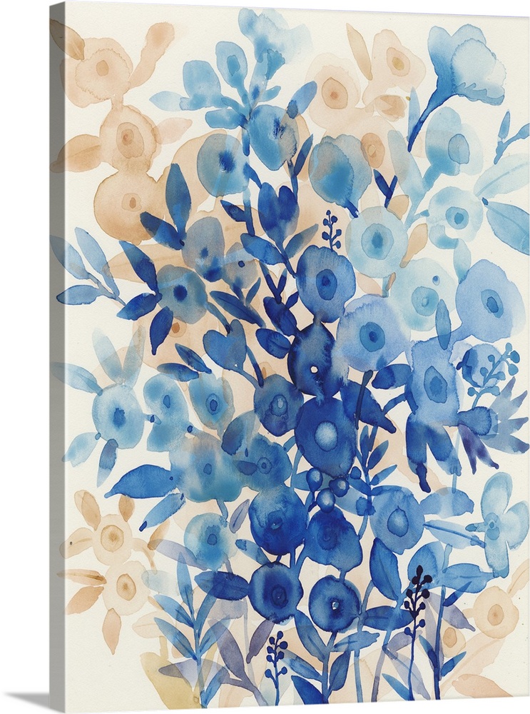 Vertical watercolor painting of wildflowers made in shades of blue and orange.
