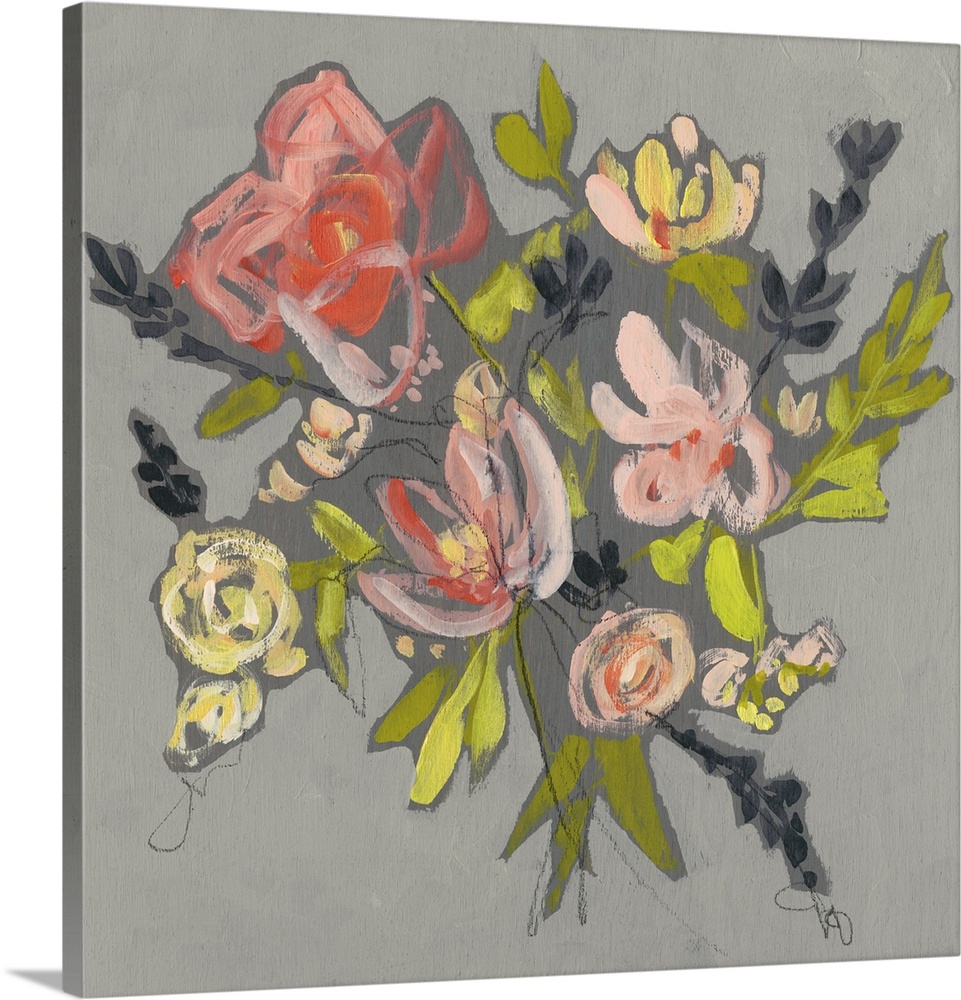 This contemporary artwork consists of whimsical and romantic bouquet of flowers with bright green leaves over a gray backg...