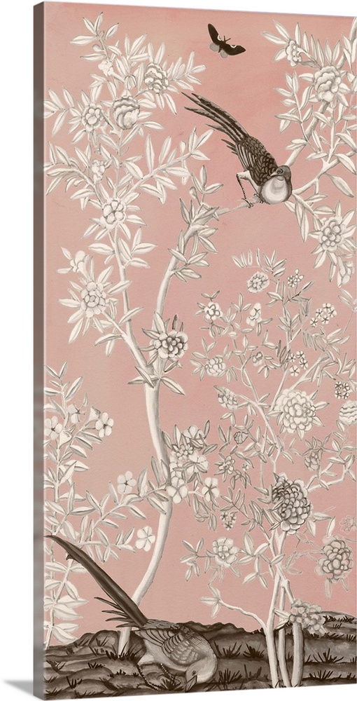Pale pink Chinese style artwork of a flowering bush with pheasants.