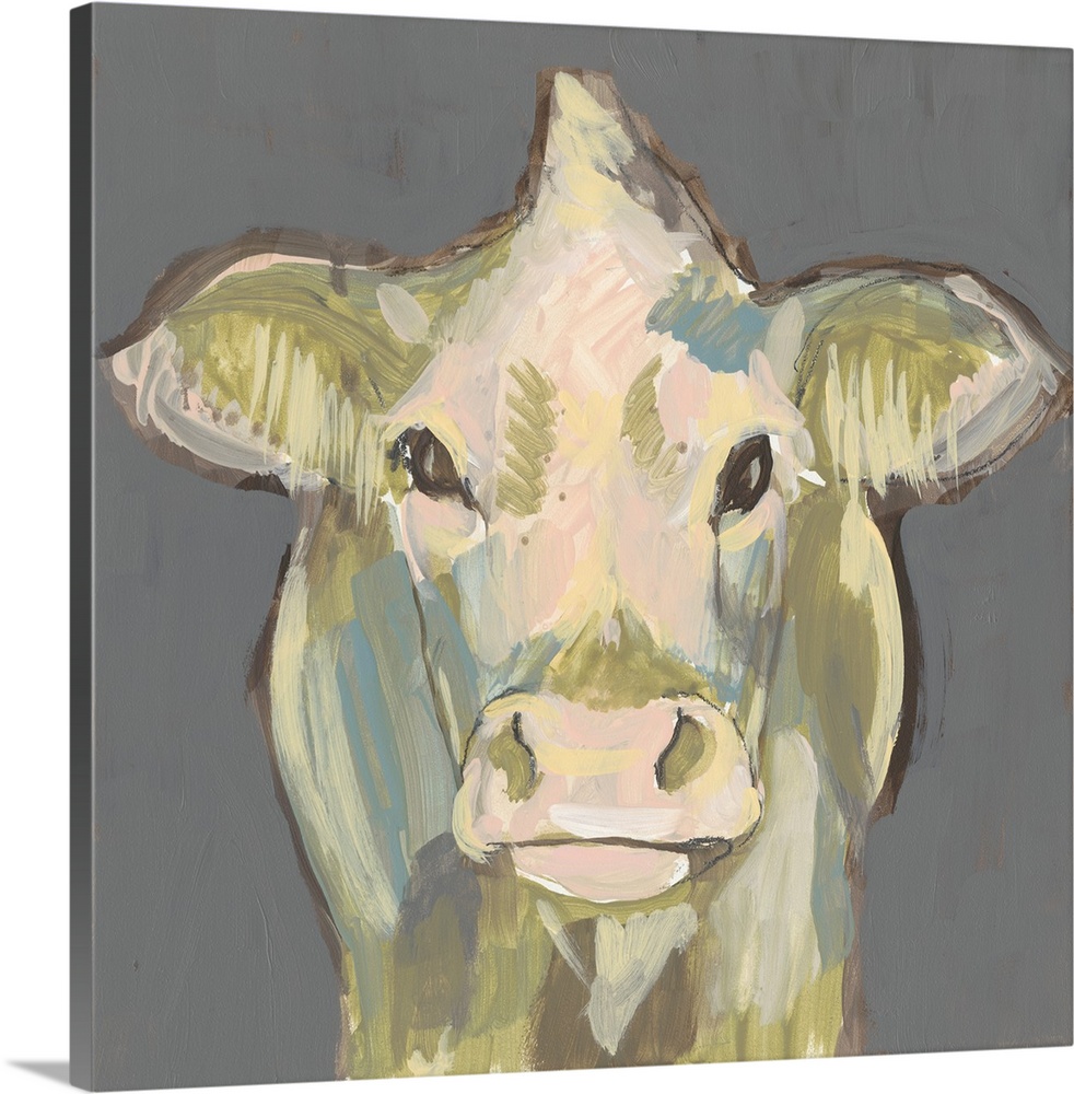 Contemporary abstract portrait of a cow on a gray background.