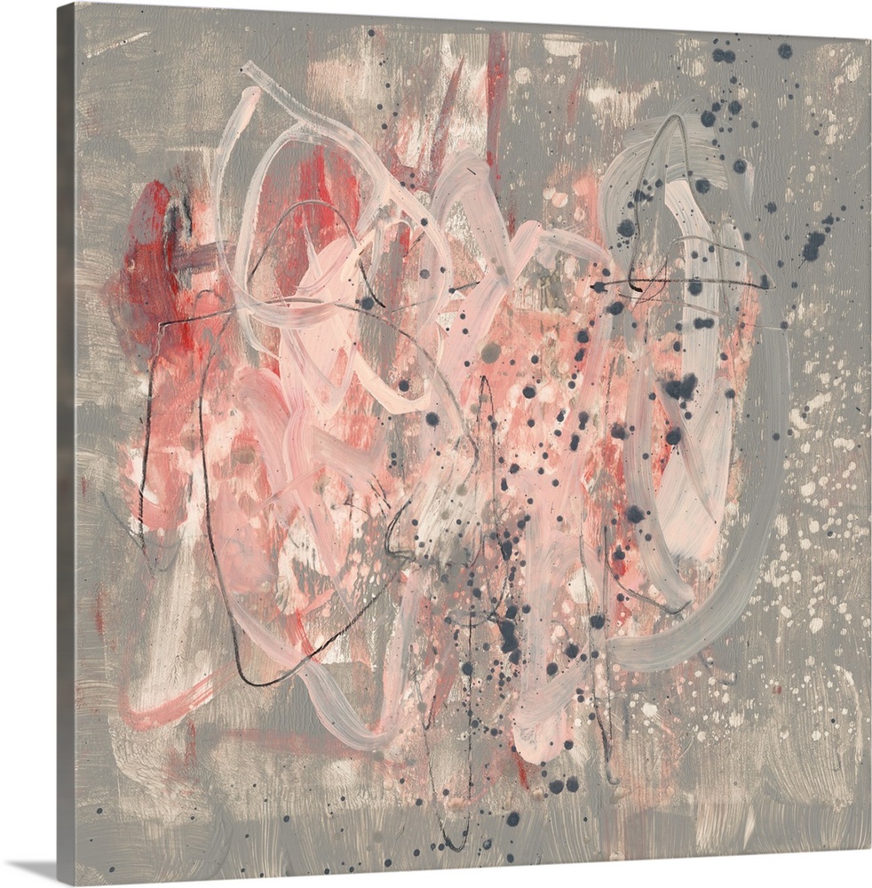 Untamed brush strokes in shades of pink overlap blocks of gray color adorned with splatters and gestural mark making lines...