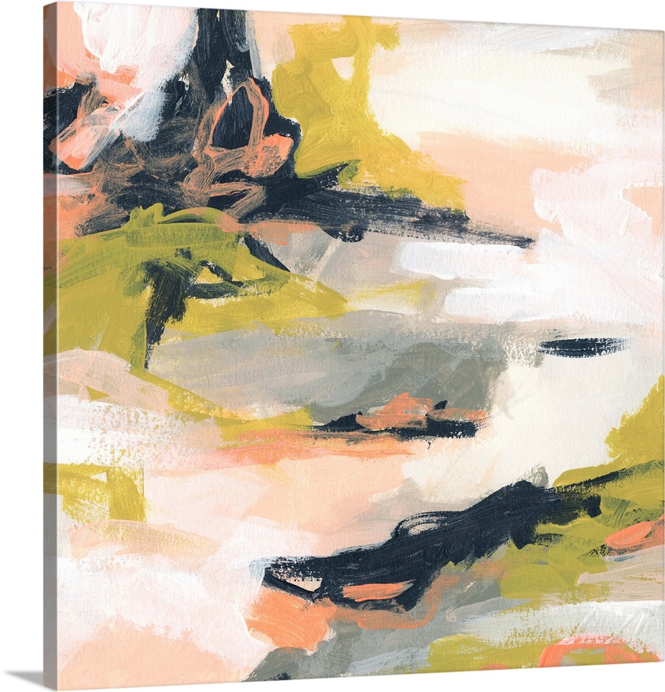 Contemporary abstract painting in blush, olive, and navy.