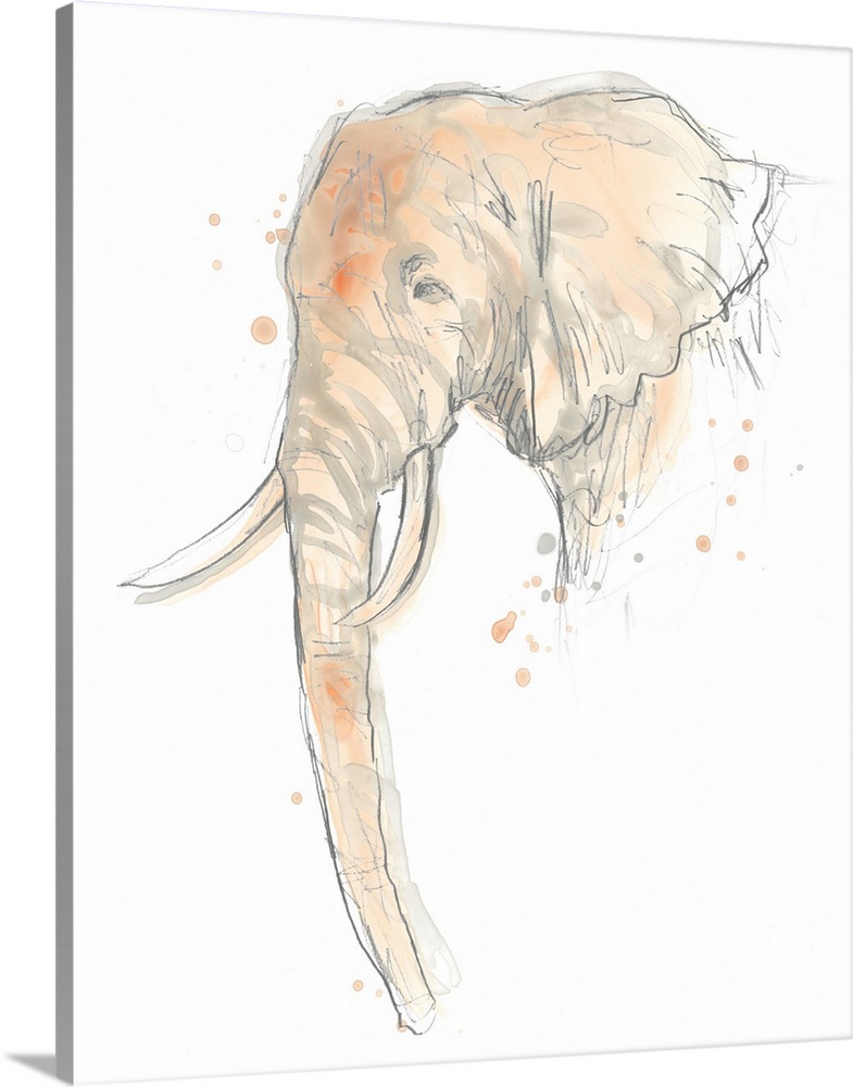 Blush pink and gray watercolor painting of an elephant.