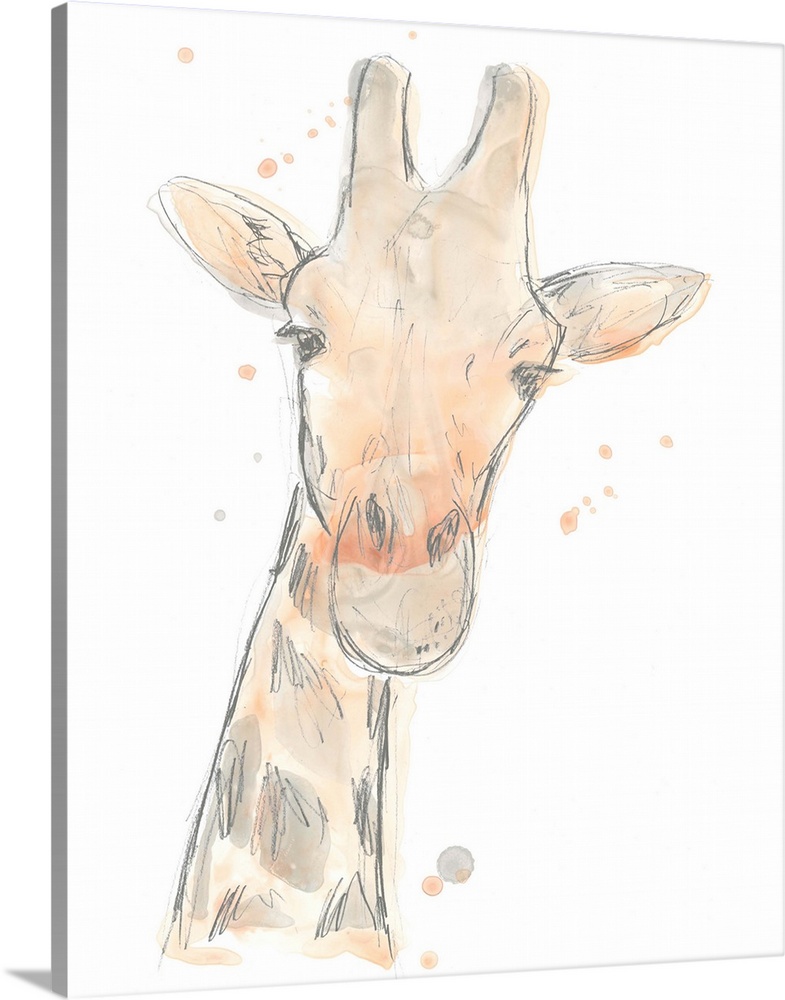 Blush pink and gray watercolor painting of a giraffe.