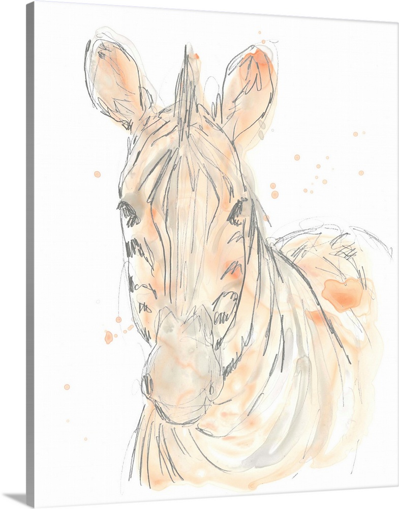 Blush pink and gray watercolor painting of a zebra.