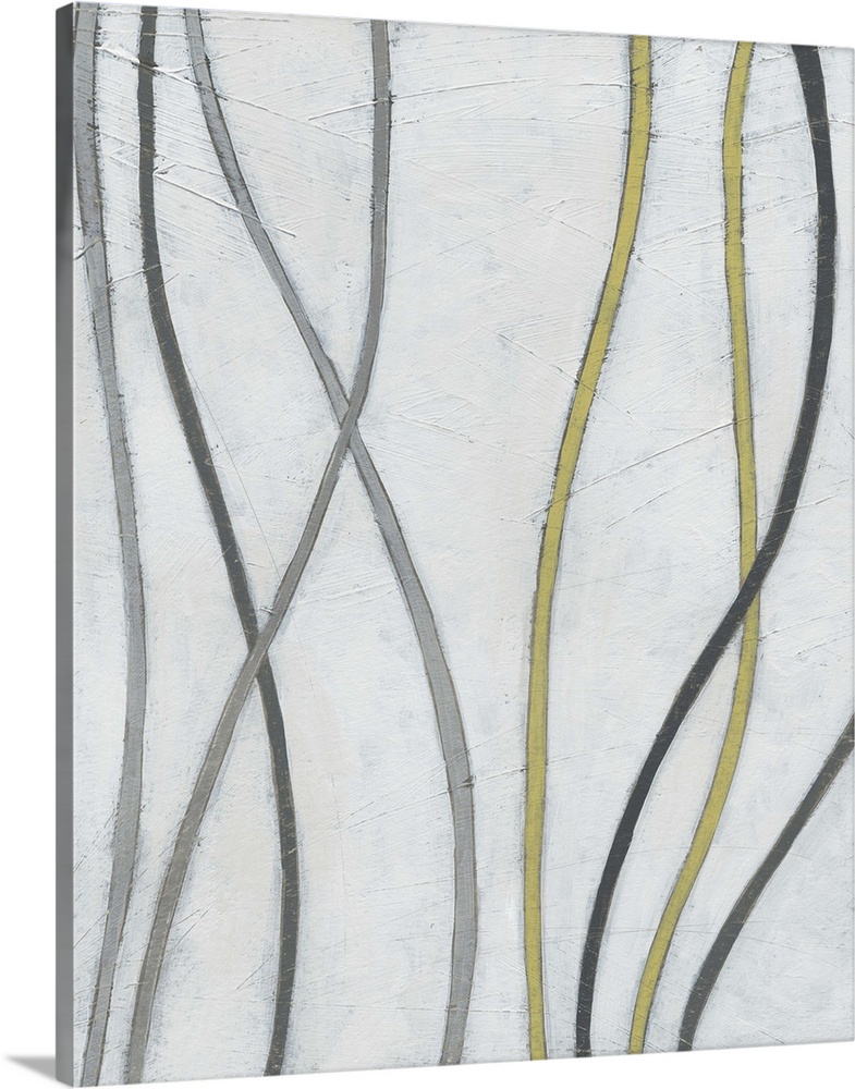 Abstract artwork of thin vines weaving along a white background.