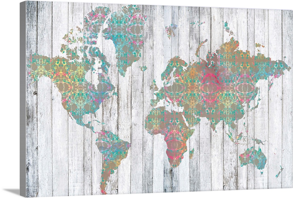 Contemporary art map using muted colors and rustic wood textures.