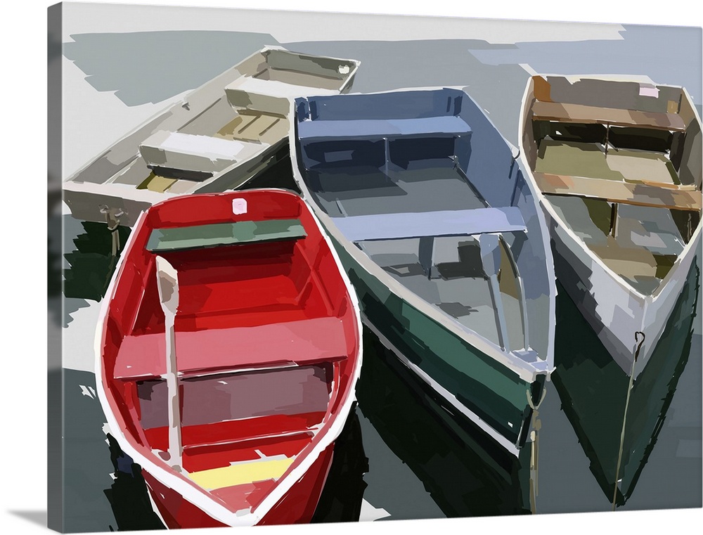 Artwork of four empty wooden boats floating in the water.