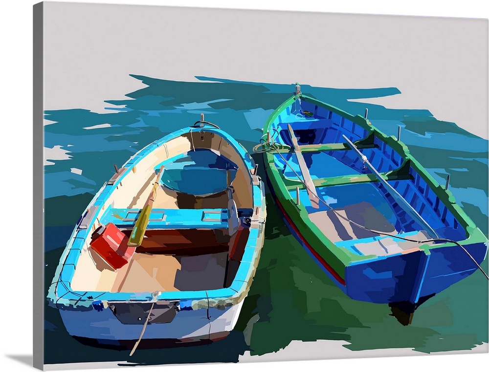 Contemporary painting of two empty blue boats floating in the water.