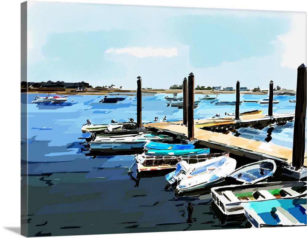 Contemporary artwork of a wooden pier with boats docked in a marina.