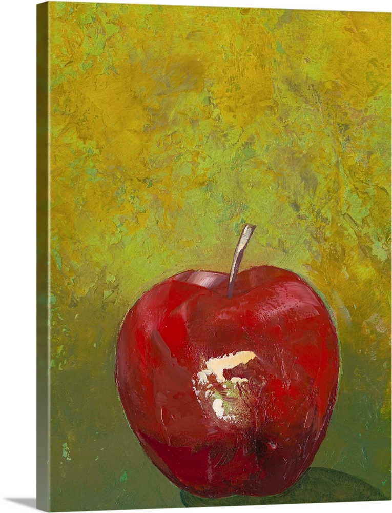 Contemporary painting of an apple against a green background.
