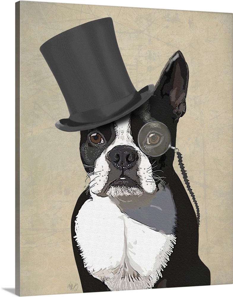 A sharp-dressed Boston terrier wearing a monocle and top hat.