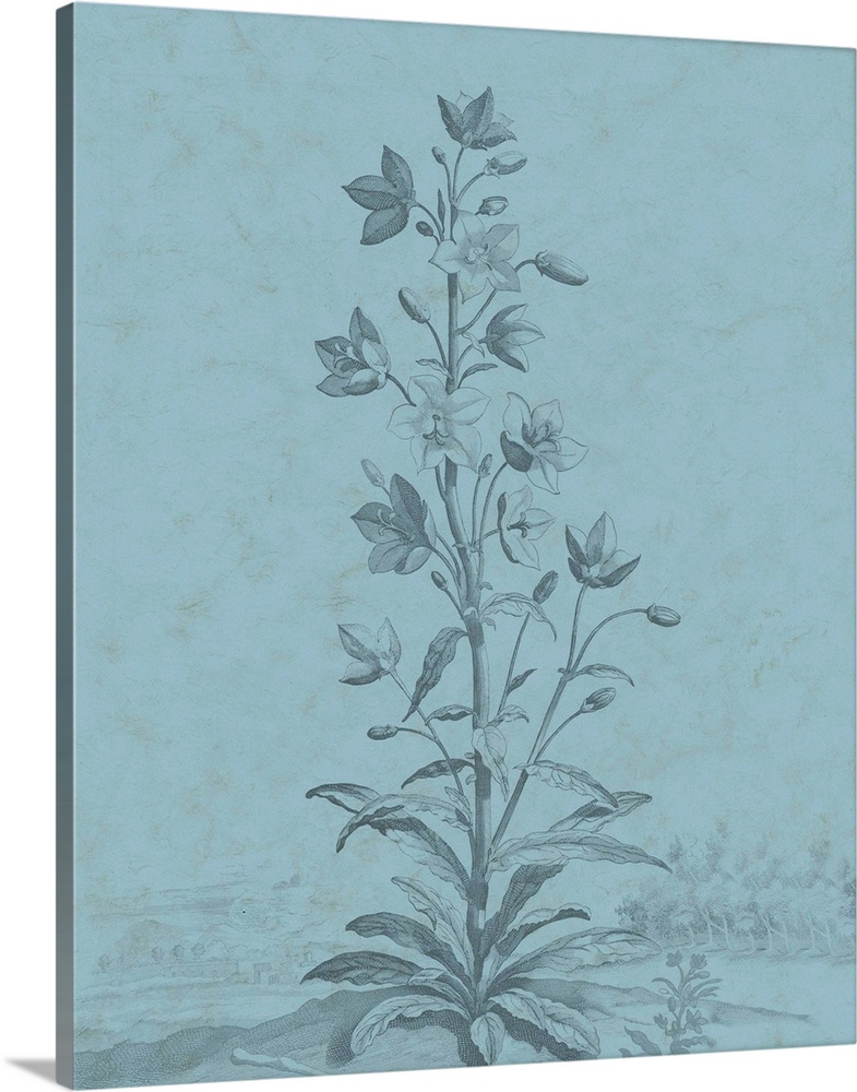This decorative artwork features an illustrative plant over a distressed blue background with a faint landscape in the bac...