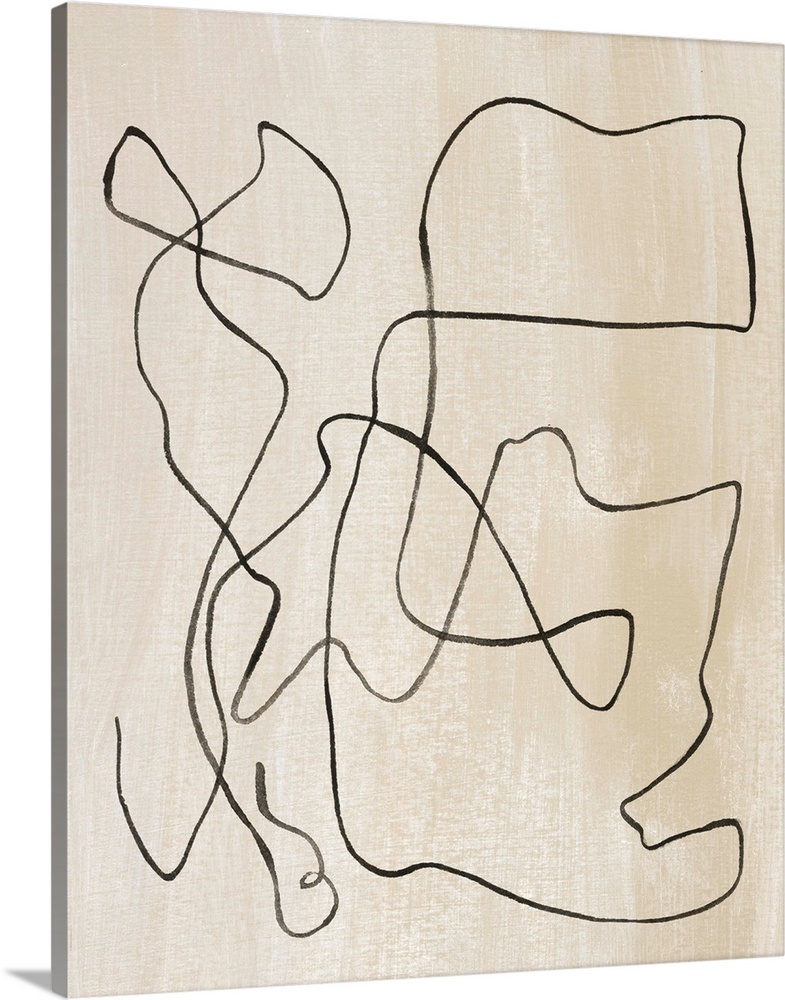 Contemporary abstract painting of curved lines on a neutral background.