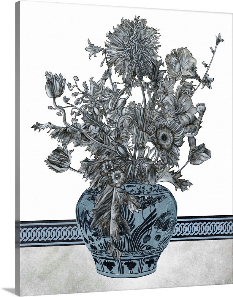 Artistic image of a bouquet of flowers in a decorative pot against a border lined backdrop, all in gray and blue tones.