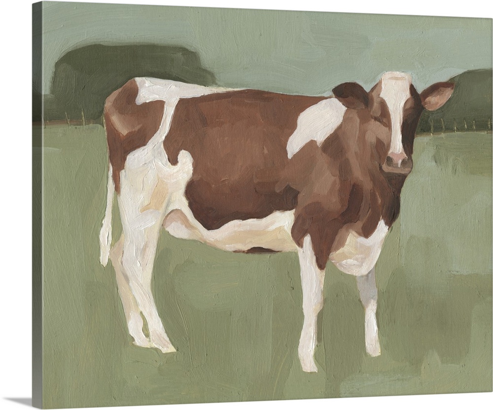 Contemporary painting of a brown and white cow standing in a field of spotted shades of green.
