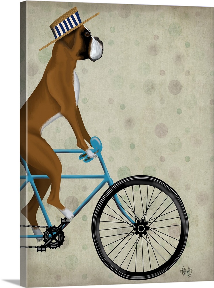 Decorative artwork of Boxer riding on a blue bicycle and wearing a blue and white striped hat.