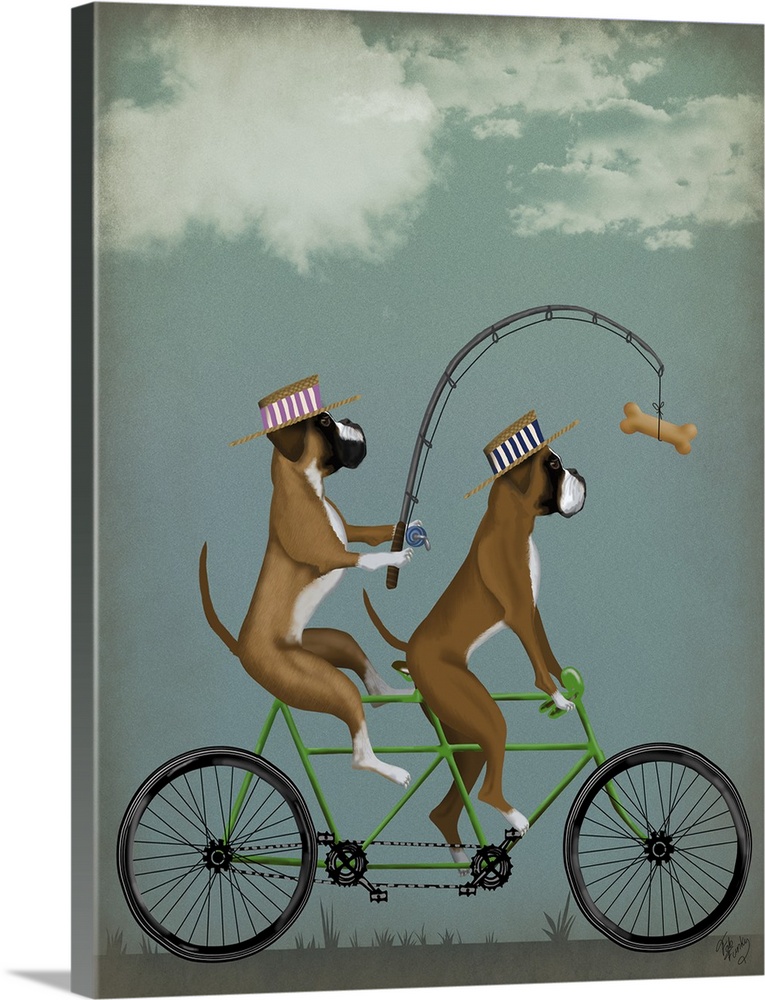 Decorative artwork of two boxers wearing hats riding on a green tandem bicycle with the dog in the back holding a fishing ...