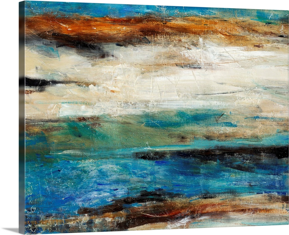 Contemporary abstract art using cool tones mixed with earth tones in a horizontal formation.