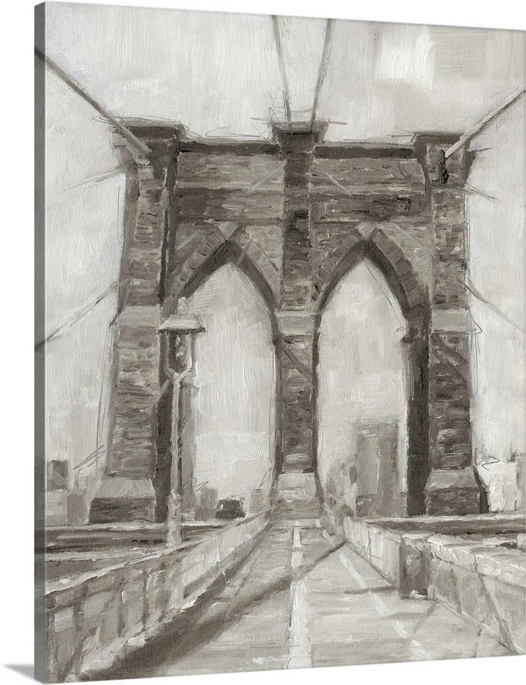 Gray-scale contemporary painting of a bridge.