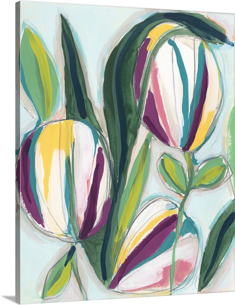 Abstracted floral painting in a variety of bright colors.