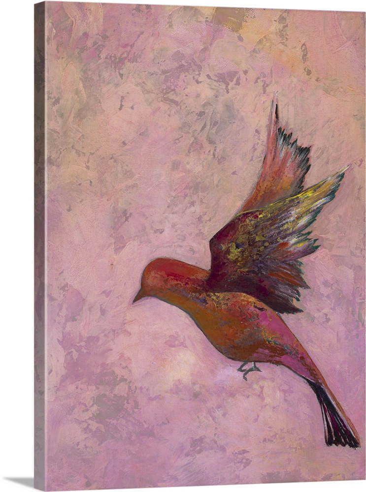 Colorful contemporary painting of a bird in flight against a pink background.