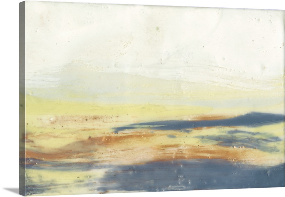 Watercolor abstract artwork in soft, blurred layers of orange and blue.