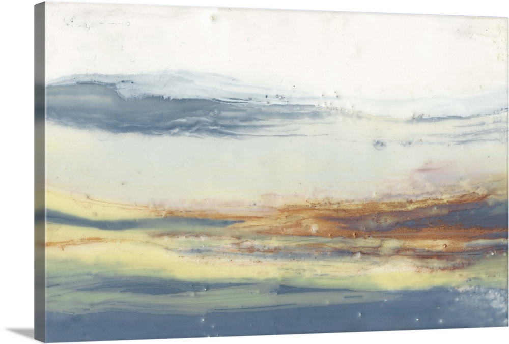 Watercolor abstract artwork in soft, blurred layers of orange and blue.