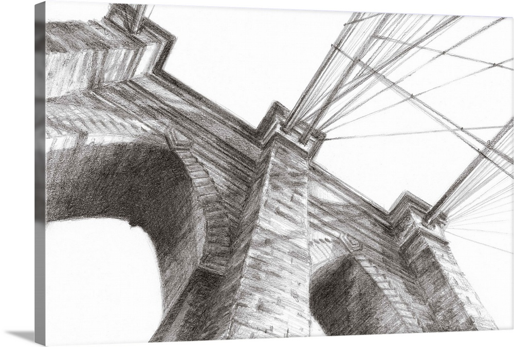 Pencil drawing of a tower of the Brooklyn Bridge, seen from below.
