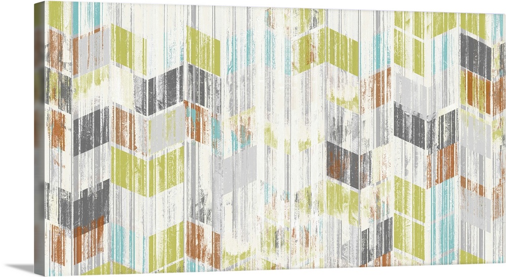 Contemporary abstract painting using a chevron pattern in soft colors, with a washed an weathered look.