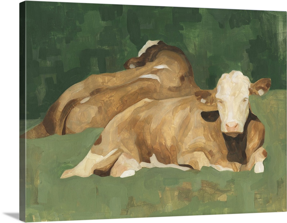 Contemporary portrait of two cows lying down on a green landscape.