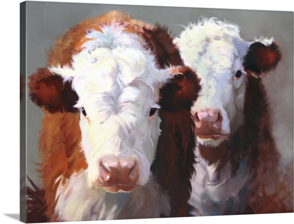Contemporary painting of two brown and white cows standing closely together.