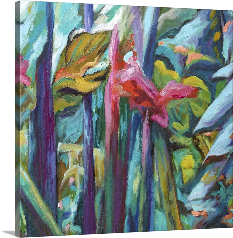 Contemporary painting of colorful tropical plants.