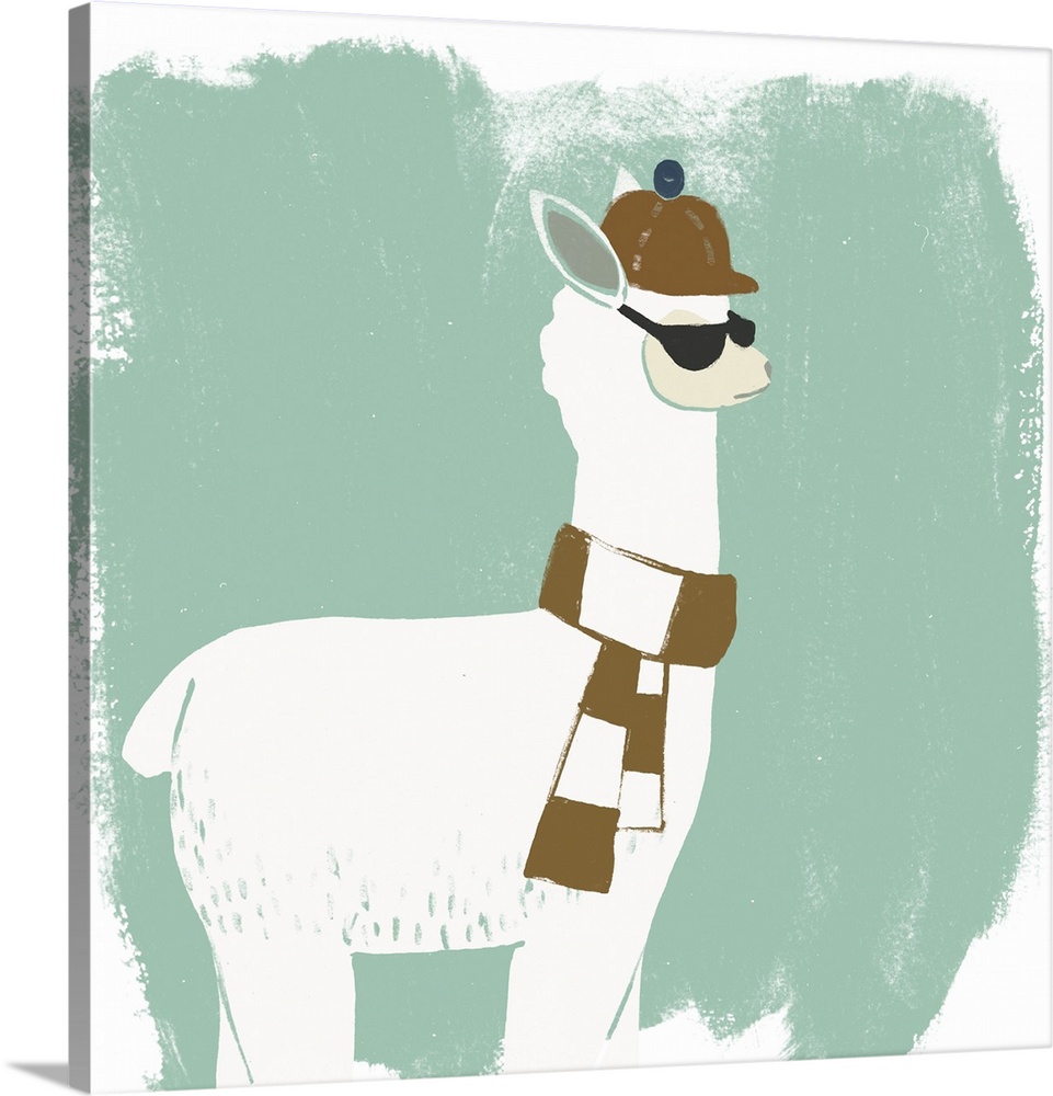 A hipster llama wearing a brown scarf against a distressed mint background fills this decorative artwork.
