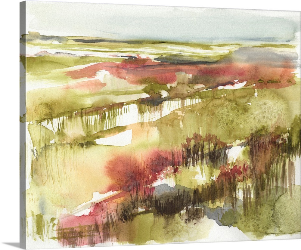 An abstract watercolor landscape in shades of olive and persimmon, suggestive of grasses growing in a marshland
