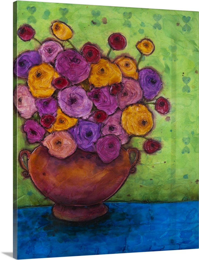 A painting of a red vase holding a bouquet of purple and yellow flowers.