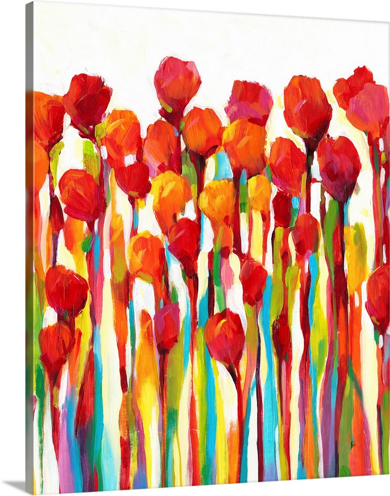 Bright contemporary painting of red flowers with rainbow stems.