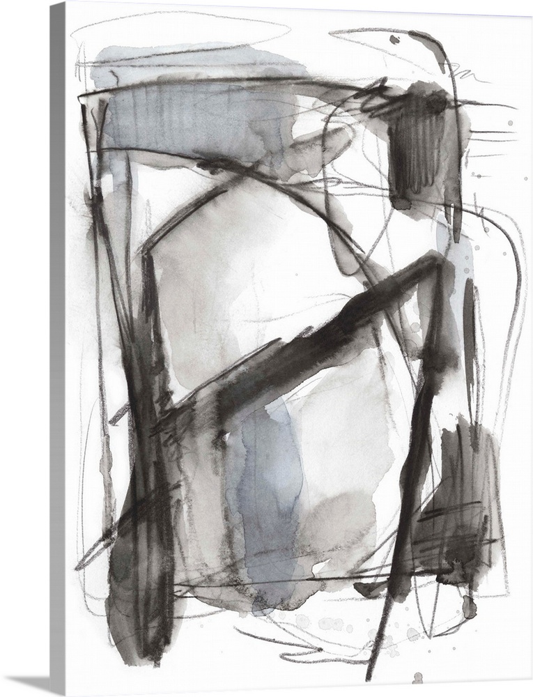 Abstract artwork in quick, sketchy grey lines and watercolor blocks.