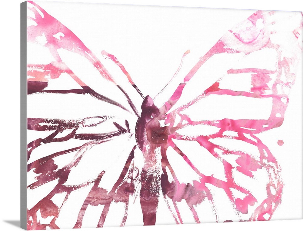 An abstracted painted image of a butterfly in shades of hot pink and burgundy on a white background, in the style of an in...