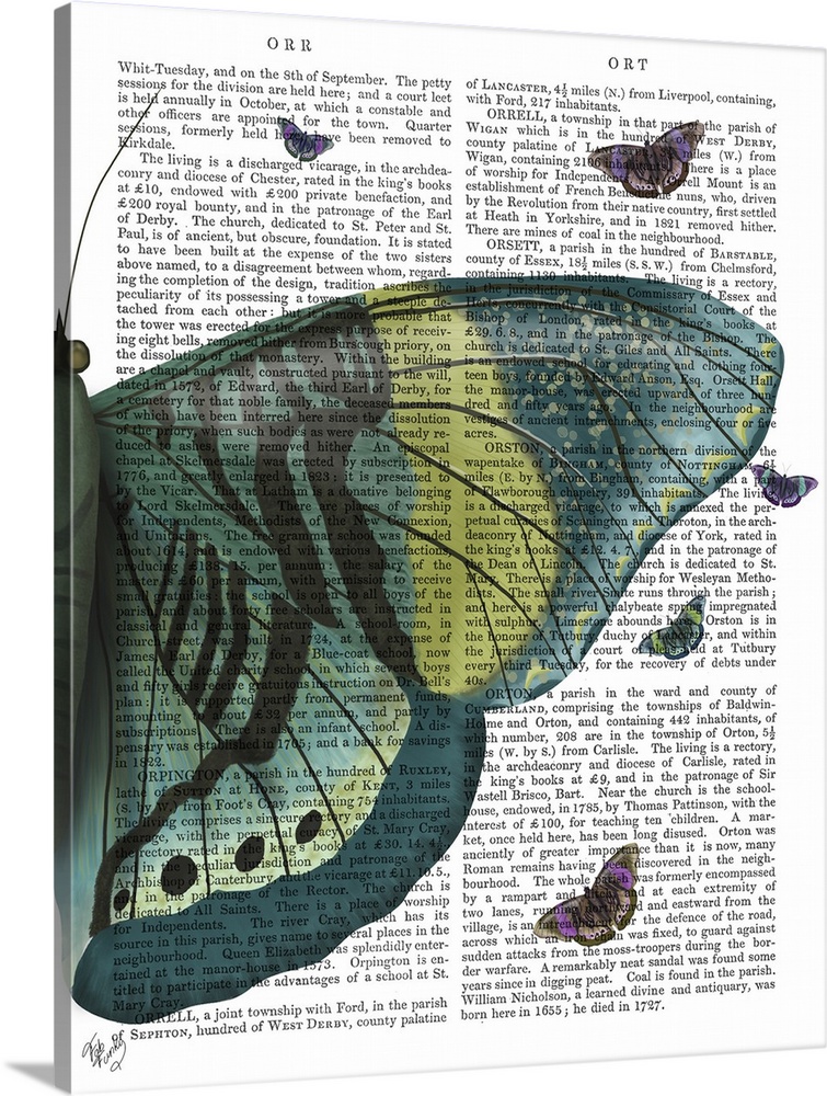 Decorative artwork with half of a turquoise and yellow butterfly and smaller flying butterflies painted on the page of a b...