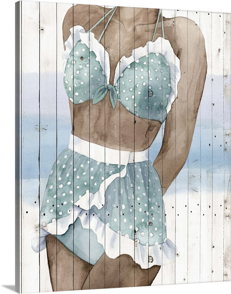 Mid-height portrait of a woman wearing a vintage bathing suit on a board background.